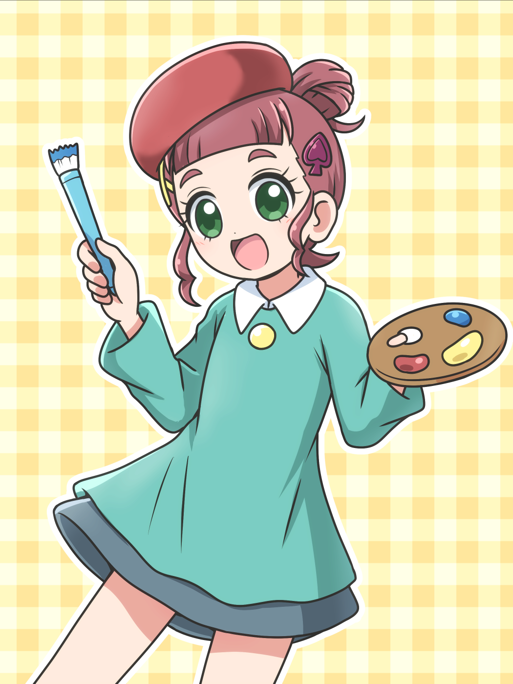 1girl adeleine adeleine_(cosplay) beret blunt_bangs brown_hair chouno_hikari cocotama_(series) collared_shirt commentary_request cosplay green_eyes hair_bun hair_ornament hairclip hat highres holding holding_paintbrush kamisama_minarai:_himitsu_no_cocotama karon-t kirby_(series) long_sleeves looking_at_viewer nintendo open_mouth paint paint_palette paintbrush plaid_background shirt skirt smile solo spade_hair_ornament yellow_background