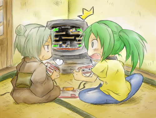00s 2girls ^^^ controller crt famicom full_body game_console game_controller gamepad high_ponytail higurashi_no_naku_koro_ni indoors lowres mario_(series) multiple_girls nintendo non-web_source old old_woman onibaba playing_games ponytail pote_(ptkan) retro_artstyle senior sonozaki_mion sonozaki_oryou super_mario_bros._1 tatami video_game warp_pipe
