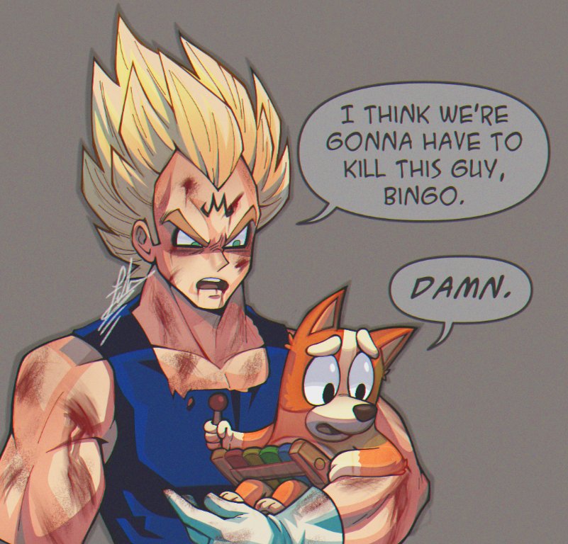 1boy 1girl animal bingo_heeler blonde_hair blood blood_on_arm blood_on_face blue_tank_top bluey crossover dog dragon_ball dragonball_z english_text fabarts gloves green_eyes grey_background holding holding_animal i_think_we&#039;re_gonna_have_to_kill_this_guy_steven_(meme) instrument majin_vegeta meme open_mouth signature speech_bubble spiked_hair super_saiyan tank_top toon_(style) vegeta white_gloves xylophone