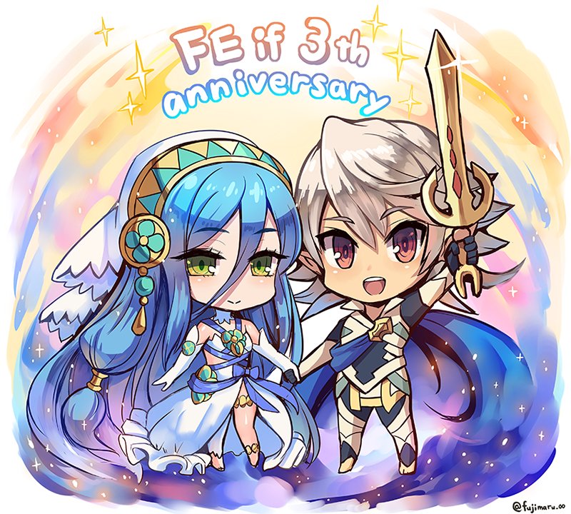 1boy 1girl azura_(fire_emblem) barefoot blue_hair cape chibi corrin_(fire_emblem) corrin_(male)_(fire_emblem) dress elbow_gloves fingerless_gloves fire_emblem fire_emblem_fates fujimaru_(green_sparrow) gloves hair_between_eyes hand_grab holding_hands long_hair looking_at_viewer nintendo open_mouth smile