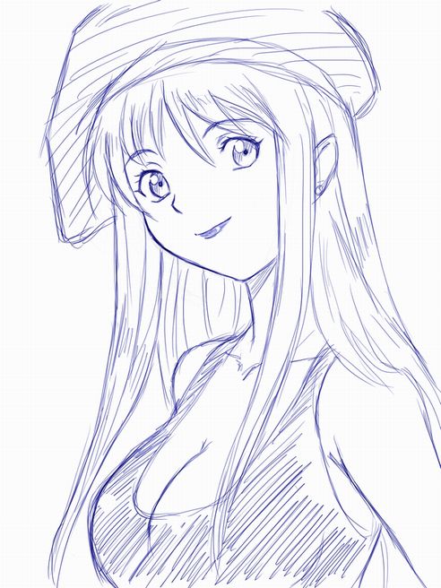 00s 1girl beret breasts cleavage female_focus gear_fighter_dendou gear_senshi_dendou hat large_breasts lipstick makeup monochrome purple_theme smile solo tank_top vega_(dendoh)