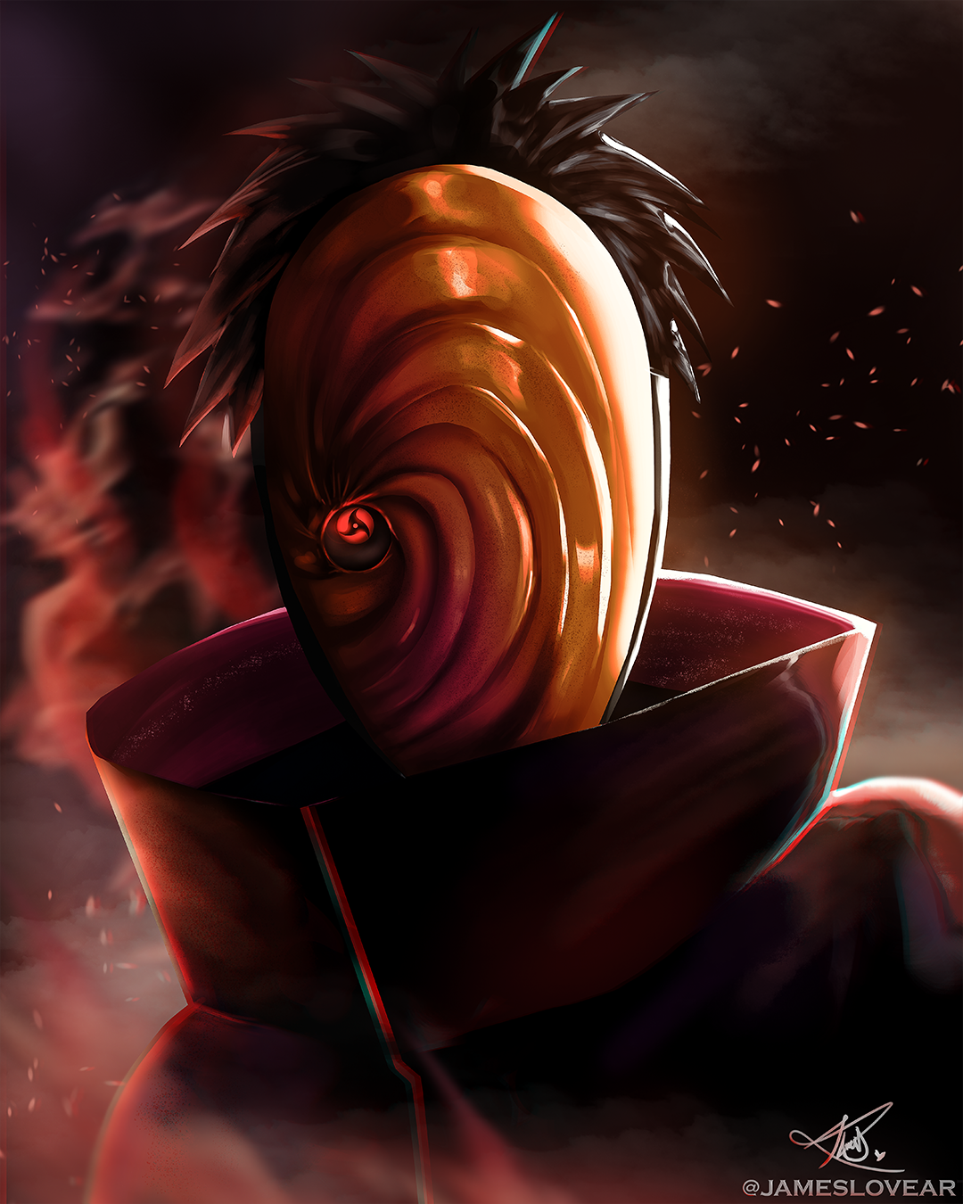1boy akatsuki_uniform artist_name black_hair commentary english_commentary heart high_collar highres jamesloves_art male_focus mangekyou_sharingan mask masked_madara naruto_(series) naruto_shippuuden red_eyes sharingan short_hair signature solo tobi_(naruto) uchiha_obito