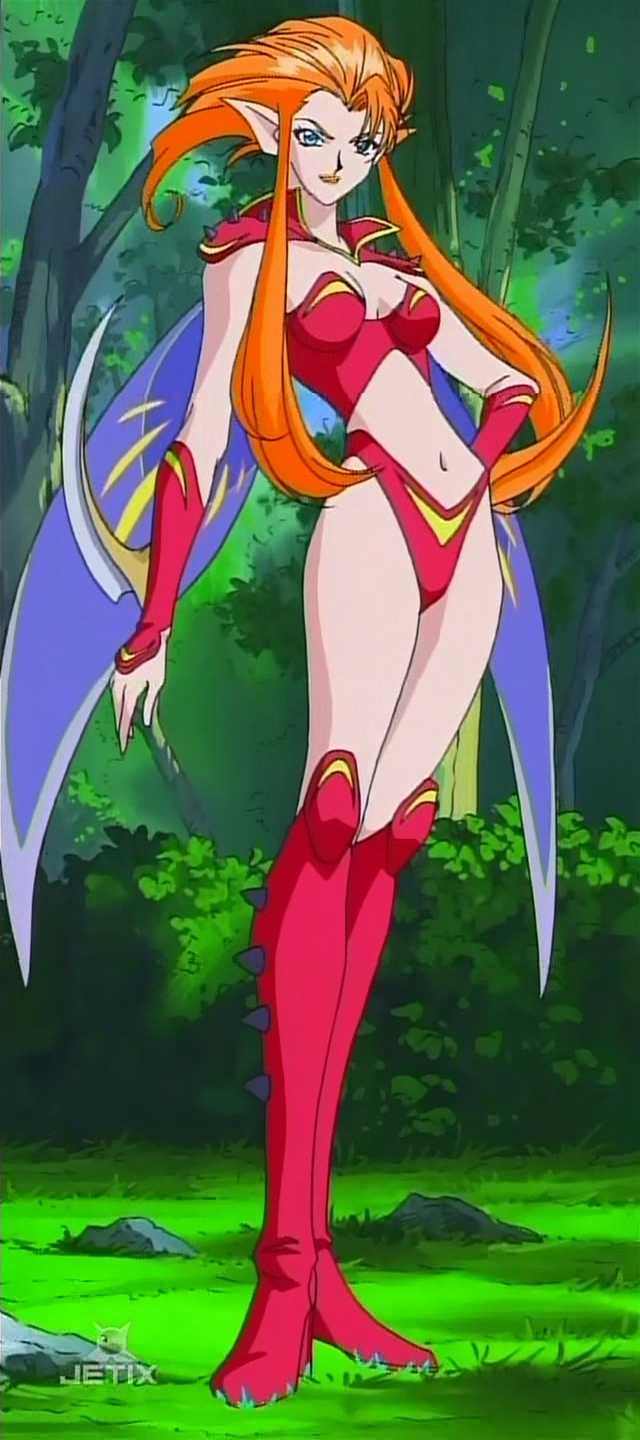 anime_screenshot blade blue_eyes boots highres long_hair midriff mushrambo orange_hair outdoors pixie_kadrian solo stitched thigh_boots thighhighs third-party_edit weapon wings