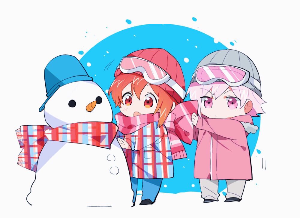 2boys adjusting_another&#039;s_clothes beanie black_shoes blue_background blue_coat blue_pants chibi chinese_commentary circle coat commentary_request day fur-trimmed_hood fur_trim goggles goggles_on_headwear grey_hat grey_pants hair_between_eyes hat hood hood_down hooded_coat idolish7 kujou_tenn long_sleeves looking_at_another looking_at_object male_focus motion_lines multicolored_coat multiple_boys nanase_riku orange_hair outdoors pants pink-tinted_eyewear pink_coat pink_eyes pink_hair plaid_clothes plaid_coat pocket red_coat red_hat shoes short_hair single_sidelock sleeves_past_wrists snowing snowman tinted_eyewear two-tone_background two-tone_coat unmoving_pattern white-framed_eyewear white_background winter winter_clothes yanzhan zipper