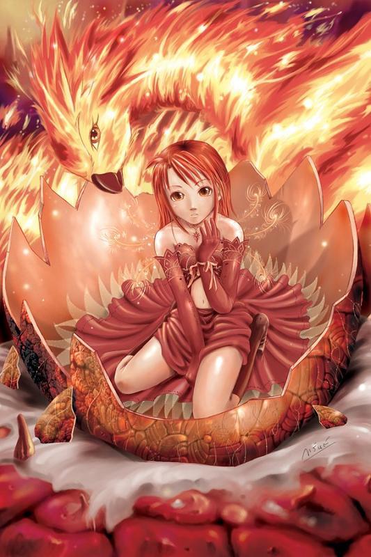1girl bird cracked_shell elbow_gloves fantasy female_focus garun garun_wattanawessako gloves jewelry jpeg_artifacts kneeling long_hair md5_mismatch navel necklace original phoenix red_hair red_theme resized resolution_mismatch signature solo thighhighs