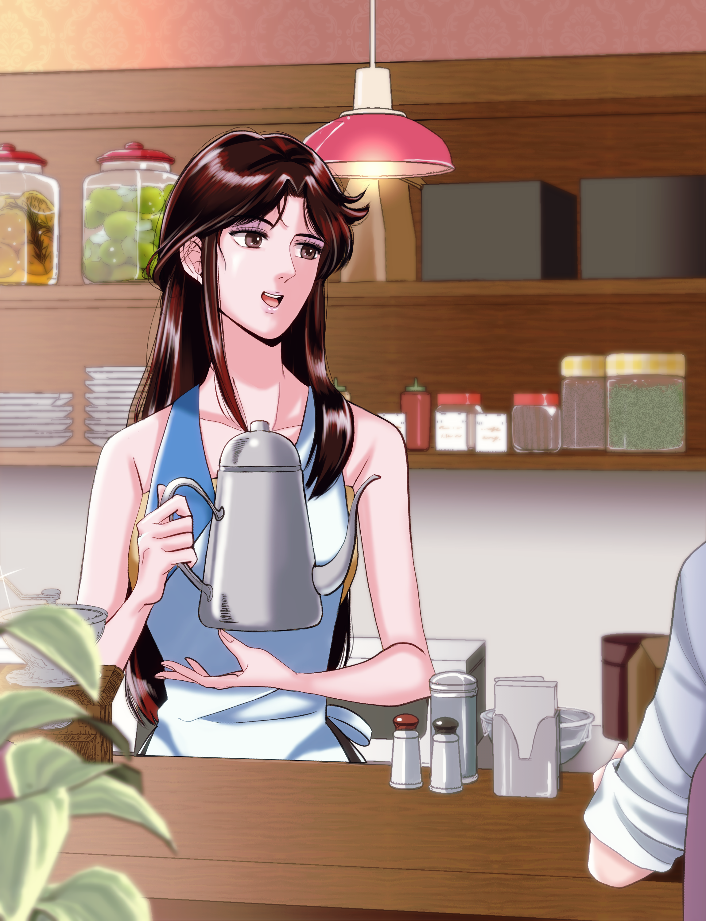 1girl 1other absurdres apron barista blurry brown_eyes brown_hair commentary_request counter depth_of_field half_updo highres holding holding_kettle kettle long_hair open_mouth original salt_shaker sleeves_rolled_up smile solo_focus strapless tube_top upper_body white_apron yumeniku