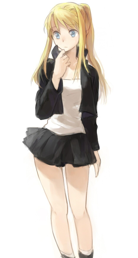 1girl adjusting_clothes arm_at_side bare_legs black_skirt blonde_hair blue_eyes boots expressionless female_focus fullmetal_alchemist jacket long_hair looking_away ponytail riru shaded_face shirt simple_background skirt socks solo standing white_background white_shirt winry_rockbell