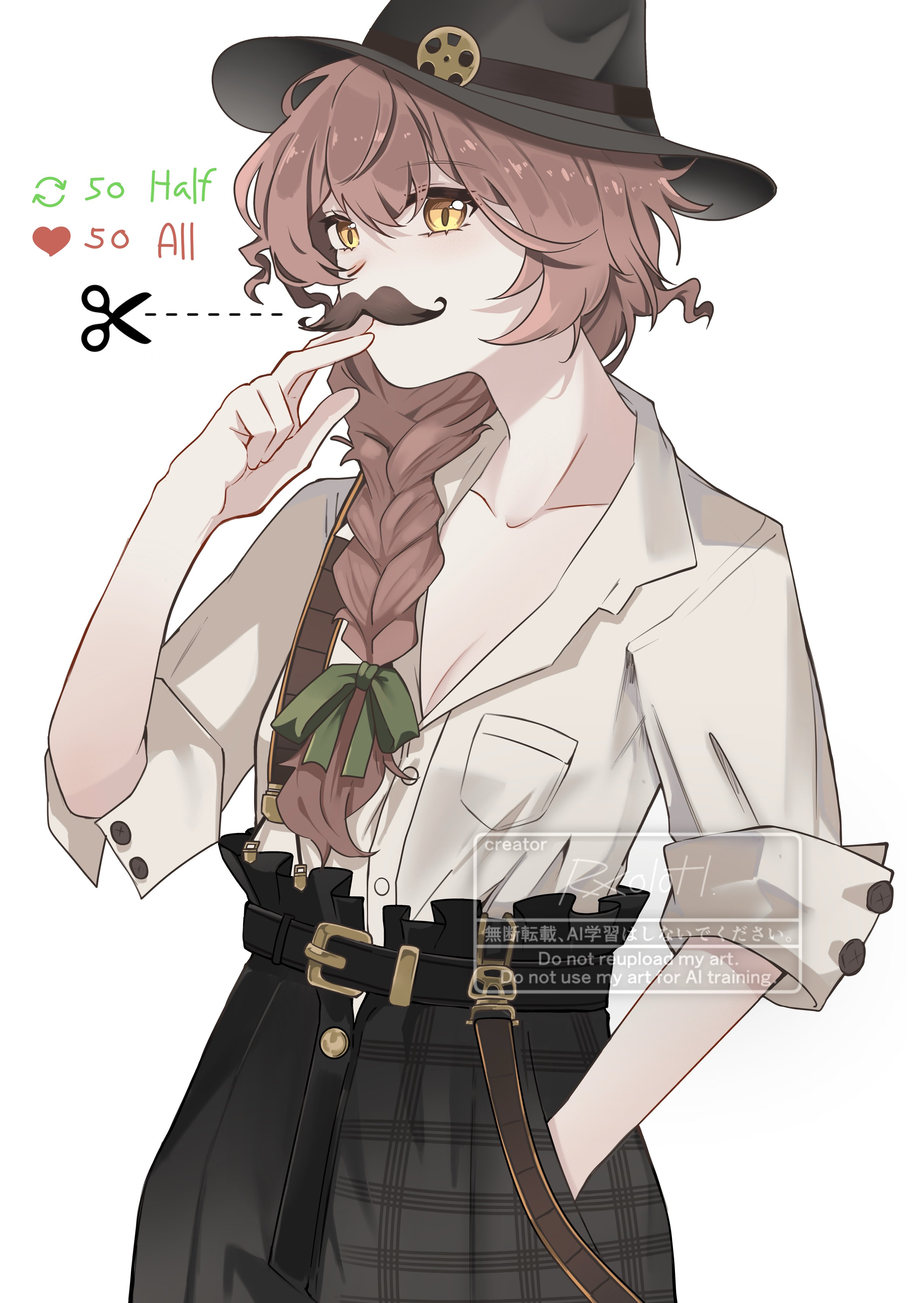 1girl absurdres bette_(reverse:1999) black_hat black_pants braid breasts brown_hair cleavage collared_shirt cowboy_shot cut-here_line fake_facial_hair fake_mustache fedora finger_to_mouth green_ribbon hair_over_shoulder hair_ribbon hand_in_pocket hand_up hat highres like_and_retweet long_braid long_hair looking_at_viewer pants ratanan reverse:1999 ribbon scissors shirt single_braid sleeves_rolled_up solo suspenders suspenders_slip twitter_cutting_game watermark white_background white_shirt yellow_eyes