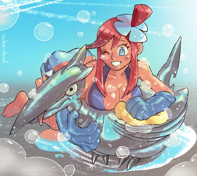 1girl ass bird blue_eyes breast_press breasts bubble cleavage cloth dark-skinned_female dark_skin gen_2_pokemon gloves large_breasts long_hair nakeisdead nintendo one_eye_closed pokemon pokemon_bw red_hair shorts skarmory skyla_(pokemon) tongue tongue_out washing_another water wet