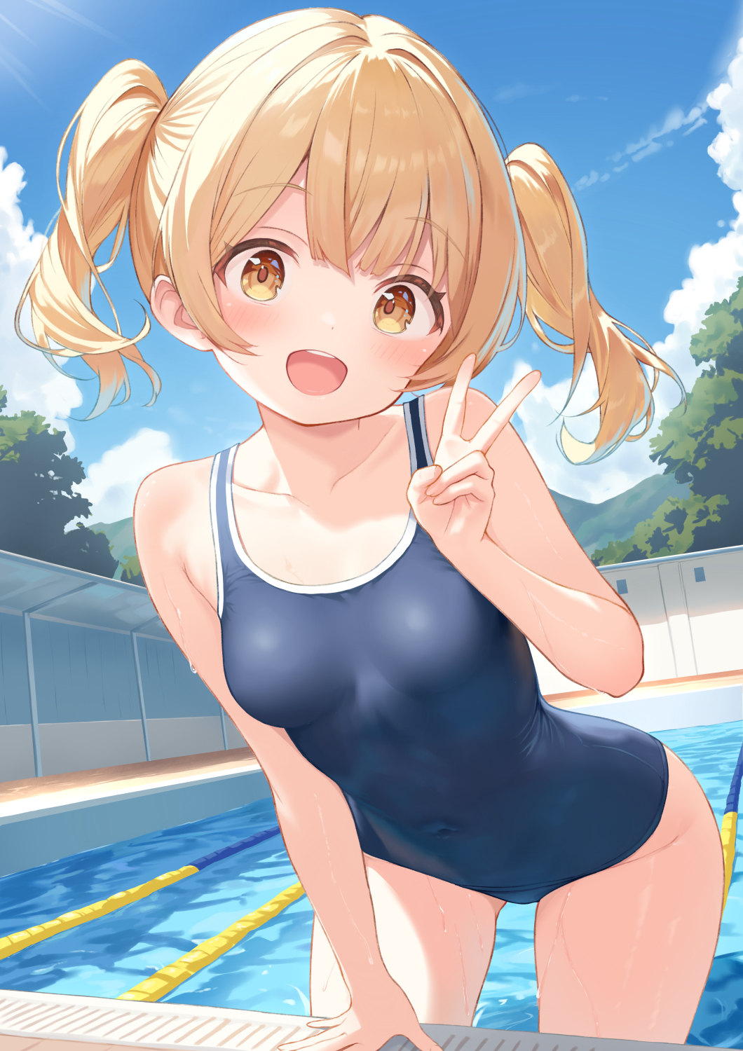 1girl blonde_hair blue_one-piece_swimsuit breasts cloud collarbone covered_navel head_tilt highres looking_at_viewer medium_hair one-piece_swimsuit open_mouth original outdoors partially_submerged pool rebun school_swimsuit small_breasts smile solo swimsuit teeth tree twintails upper_teeth_only v water wet yellow_eyes