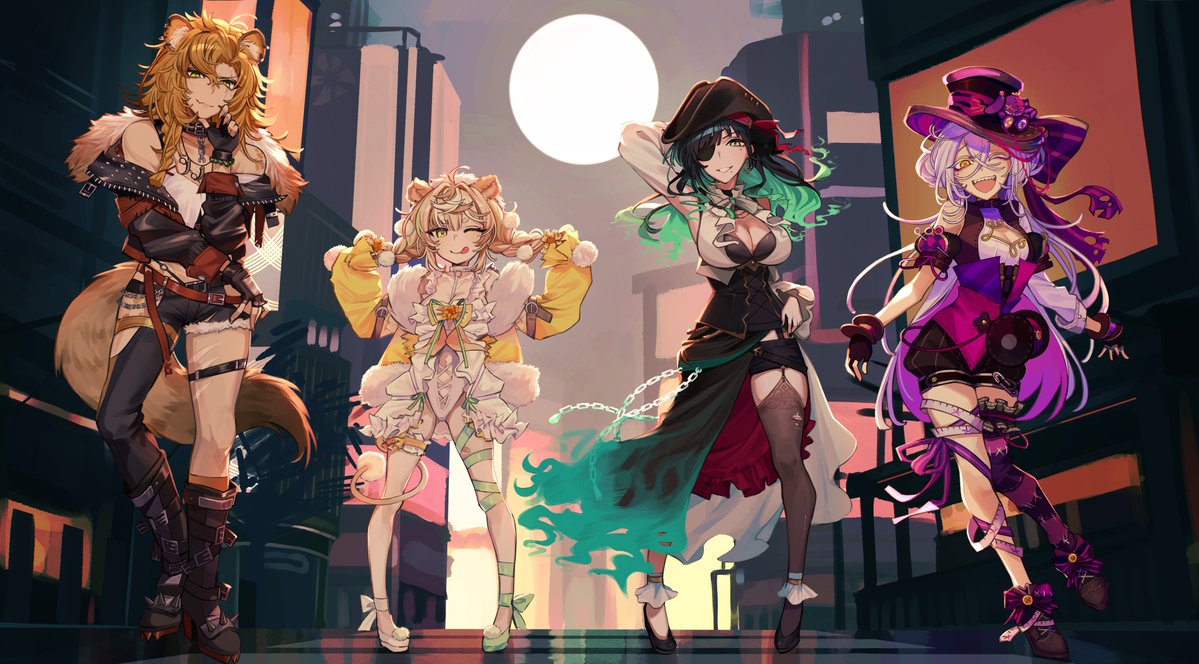 4girls animal_ears arm_behind_head asymmetrical_clothes asymmetrical_footwear bicorne black_corset black_footwear black_gloves black_hair black_hat black_jacket black_pants black_skirt blonde_hair bow braid breasts cersea_soulstorm chain cleavage cleavage_cutout clothing_cutout colored_inner_hair corset daisy_dandelion eyepatch footwear_bow fur-trimmed_jacket fur_trim gloves green_eyes green_footwear green_hair green_ribbon hair_between_eyes hair_ornament hat hyena_ears hyena_tail chromashift inami_yoki_(artist) jacket leg_ribbon leotard lion_ears lion_girl lion_tail mismatched_footwear mole mole_under_eye mole_under_mouth multicolored_hair multiple_girls nail_polish one_eye_closed open_clothes open_jacket orange_hair pants pom_pom_(clothes) pom_pom_hair_ornament ribbon riki_poppet sharp_teeth shirt single_pantsleg single_sleeve single_thighhigh skirt spiked_boots striped_clothes striped_thighhighs studded_jacket sun symbol-shaped_pupils tail tank_top teeth thigh_strap thighhighs torn_ribbon twin_braids virtual_youtuber white_footwear white_leotard white_shirt white_sleeves white_tank_top x-shaped_pupils yellow_eyes yellow_jacket yena_youngblood