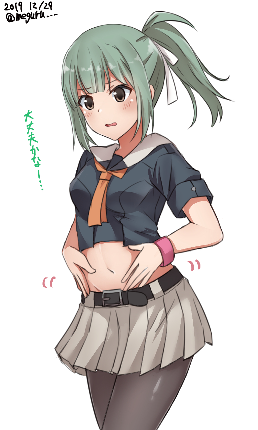 1girl bad_id bad_twitter_id beige_skirt belt black_pantyhose black_shirt bow commentary_request cowboy_shot crop_top dated female_focus grey_hair hair_bow highres kantai_collection long_hair meguru_(megurunn) midriff one-hour_drawing_challenge pantyhose pleated_skirt ponytail sailor_collar school_uniform serafuku shirt simple_background skirt solo twitter_username weight_conscious white_background white_sailor_collar wristband yuubari_(kancolle)