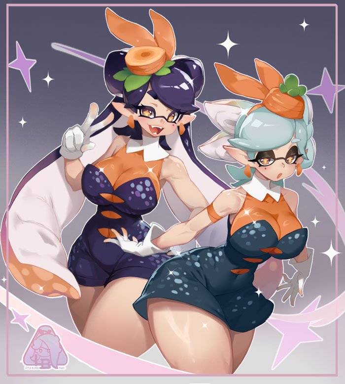 2girls adapted_costume animal_ears armband black_dress black_hair black_jumpsuit blush bow-shaped_hair breasts callie_(splatoon) cephalopod_eyes dress earrings easter fake_animal_ears fangs food-themed_hat gloves gradient_background gradient_hair grey_background grey_hair hairband hand_on_own_hip inkling jewelry jumpsuit large_breasts little_blood long_hair looking_at_viewer marie_(splatoon) mole mole_under_eye multicolored_hair multiple_girls nintendo open_mouth orange_hair pointy_ears ponytail rabbit_ears short_hair sleeveless sleeveless_dress smile sparkle splatoon_(series) splatoon_1 squid_girl standing suction_cups symbol-shaped_pupils teeth tentacle_hair twintails two-tone_hair v white_gloves wide_hips yellow_eyes
