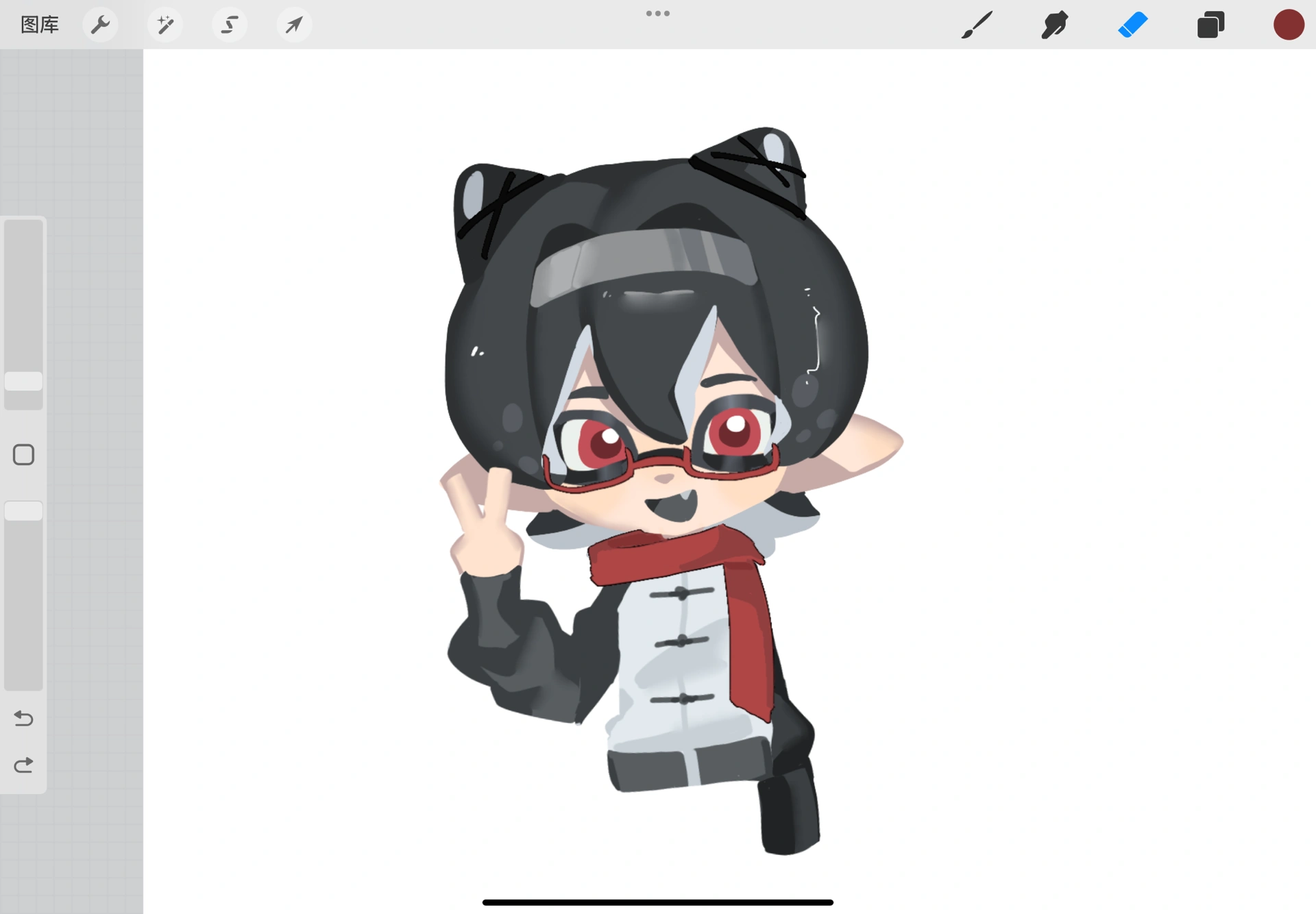 1boy art_program_in_frame black_hair black_ribbon black_sleeves black_tongue character_request chibi chinese_clothes cone_hair_bun copyright_request cropped_legs double_bun fang glasses grey_hairband grey_pants hair_between_eyes hair_bun hair_intakes hair_ribbon hairband happy highres inkling light_blush long_sleeves male_focus nintendo open_mouth pants pointy_ears procreate_(medium) procreate_(software) puffy_long_sleeves puffy_sleeves qianwa_shi_biao red-framed_eyewear red_eyes red_scarf ribbon scarf shirt short_hair simple_background sleeves_past_wrists smile solo splatoon_(series) tangzhuang tentacle_hair v white_background white_shirt
