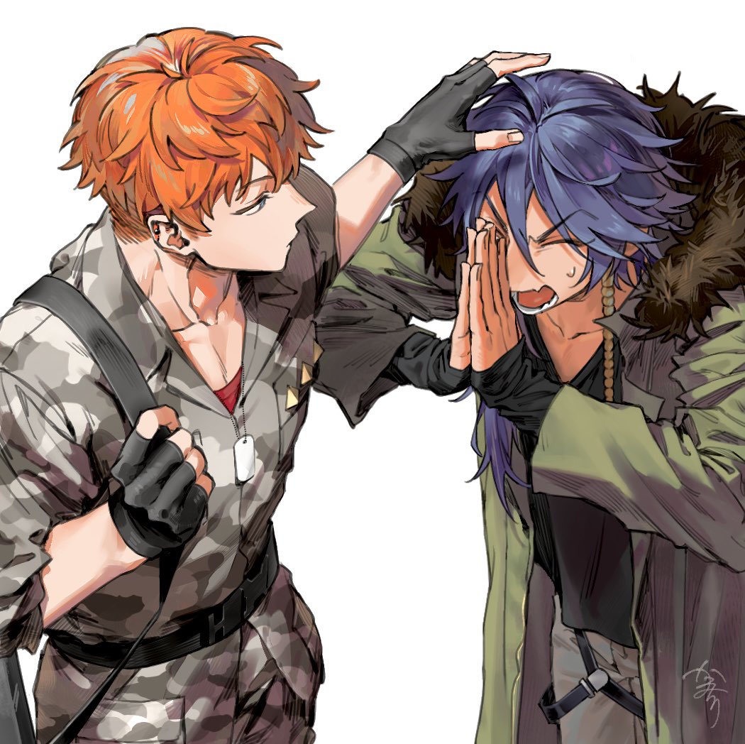 2boys apologizing arisugawa_dice bag belt black_belt black_gloves black_shirt blue_hair busujima_rio_mason closed_eyes closed_mouth coat cowboy_shot earrings expressionless fingerless_gloves from_above fur-trimmed_coat fur_trim gloves green_coat green_eyes grey_pants hair_between_eyes holding_strap hypnosis_mic incoming_headpat jewelry kamachiri leaning_forward long_sleeves looking_at_another lower_teeth_only male_focus military_uniform multiple_boys open_mouth orange_hair own_hands_together pants pectoral_cleavage pectorals shirt simple_background single_earring sleeves_rolled_up sweatdrop teeth toned toned_male white_background