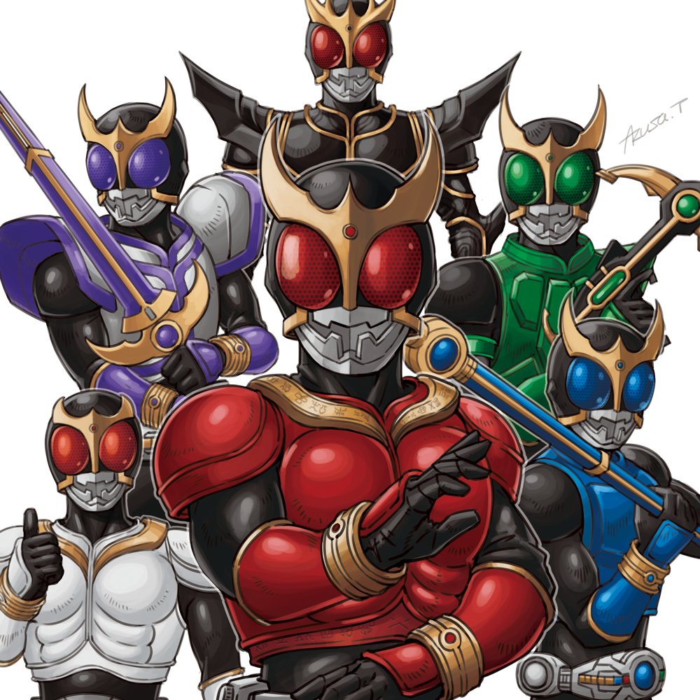 1boy anniversary arcle_(kuuga) armor azusa_tanaka beetle belt blue_eyes bowgun bug commentary_request dragon_rod green_eyes gun heisei insect kamen_rider kamen_rider_kuuga kamen_rider_kuuga_(series) kamen_rider_kuuga_(ultimate_form) kuuga_(dragon) kuuga_(growing) kuuga_(mighty) kuuga_(pegasus) kuuga_(titan) male_focus motor_vehicle multiple_persona pegasus_gun purple_eyes red_eyes shoulder_pads signature staff sword thumbs_up titan_sword tokusatsu weapon white_background