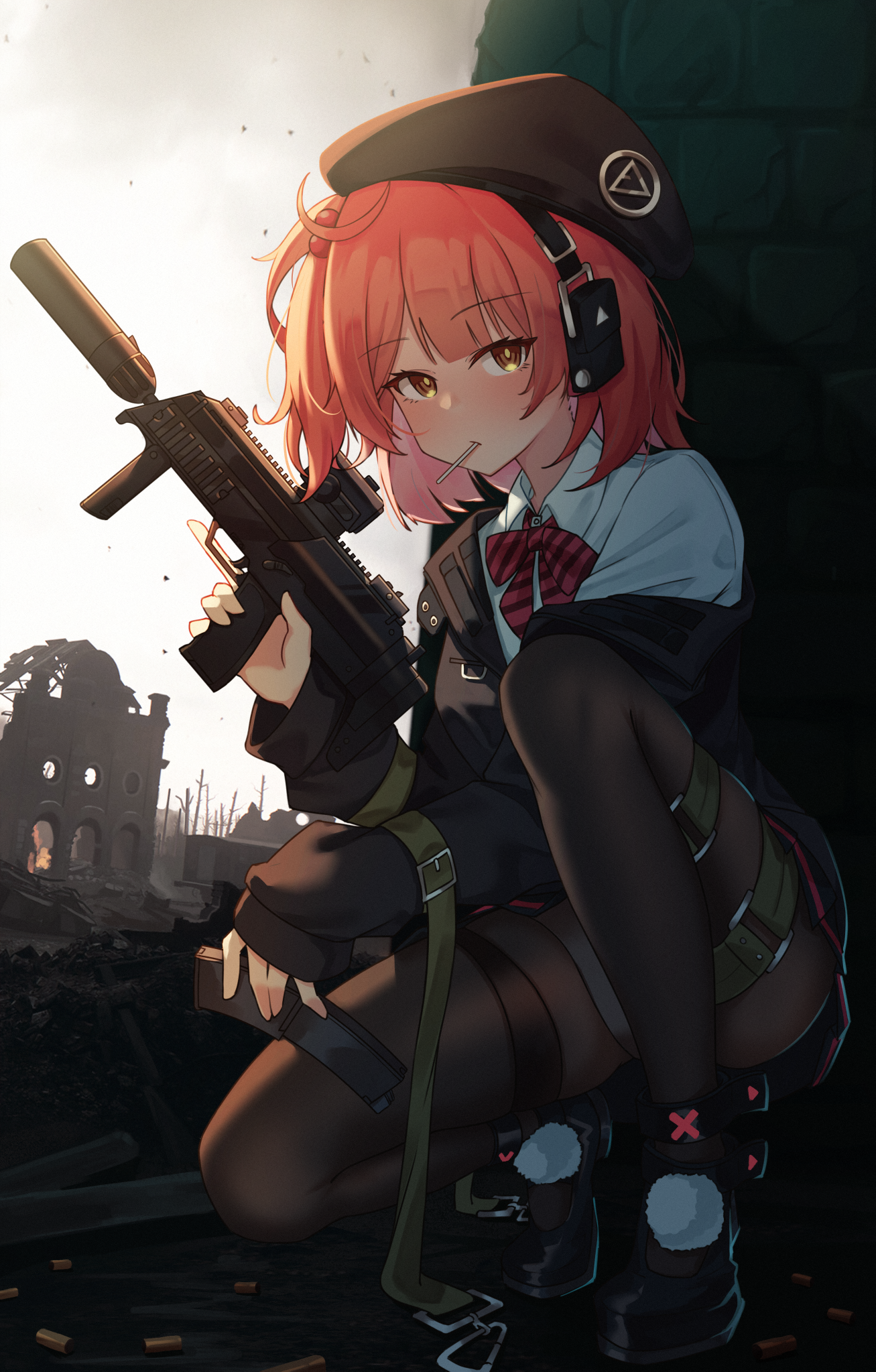 1girl ahoge armor-piercing_ammunition beret blunt_bangs blush breasts candy collared_shirt commission food girls'_frontline gun h&k_mp7 handgun_cartridge hat headset highres hk_4.6x30mm jl_tan lollipop machine_gun machine_pistol magazine_(weapon) medium_breasts medium_hair military_cartridge mp7_(girls'_frontline) off_shoulder panties panties_under_pantyhose pantyhose pantyshot pdw_cartridge personal_defense_weapon pistol_cartridge pleated_skirt pom_pom_(clothes) red_hair ribbon shirt skirt solo squatting submachine_gun supersonic_ammunition suppressor thigh_strap thighs trigger_discipline underwear weapon yellow_eyes