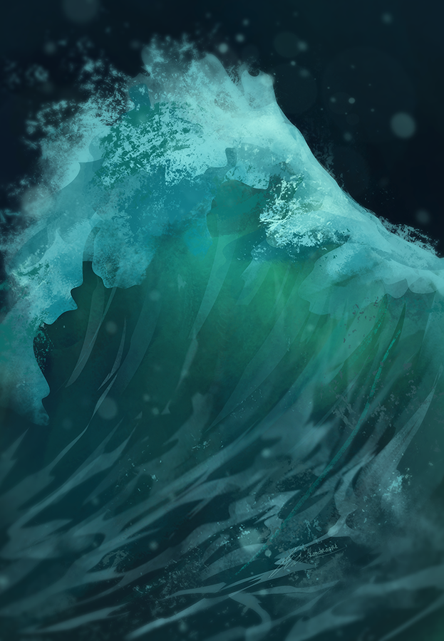 aqua_theme black_sky blue_background breaking_wave close-up dark_background foaming_waves green_light light_particles monochrome nature night no_humans no_lineart ocean original outdoors sea_spray signature sky water waves zandra