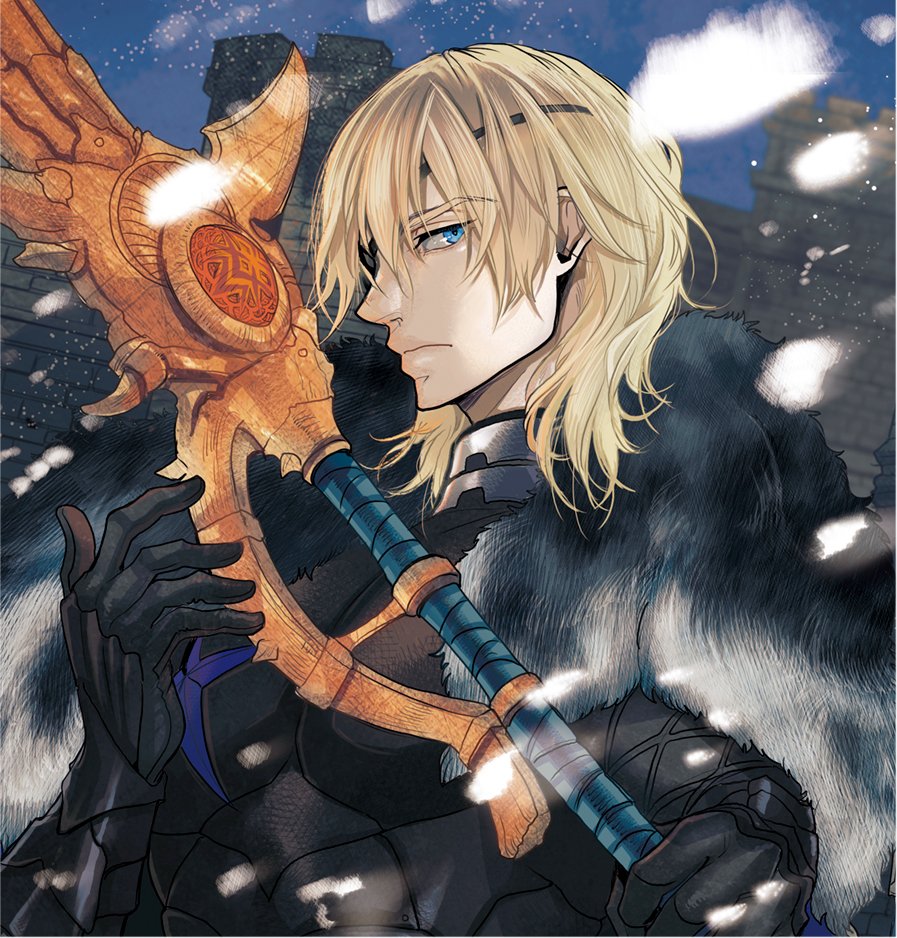 1boy areadbhar_(fire_emblem) armor arms_up black_armor black_fur blonde_hair breastplate castle closed_mouth commentary_request dimitri_alexandre_blaiddyd dimitri_alexandre_blaiddyd_(timeskip) eyepatch fire_emblem fire_emblem:_three_houses frown hair_behind_ear holding holding_polearm holding_weapon looking_to_the_side male_focus masakikazuyoshi medium_hair nintendo one_eye_covered ornate_weapon polearm sideways_glance sky snow solo upper_body weapon white_fur