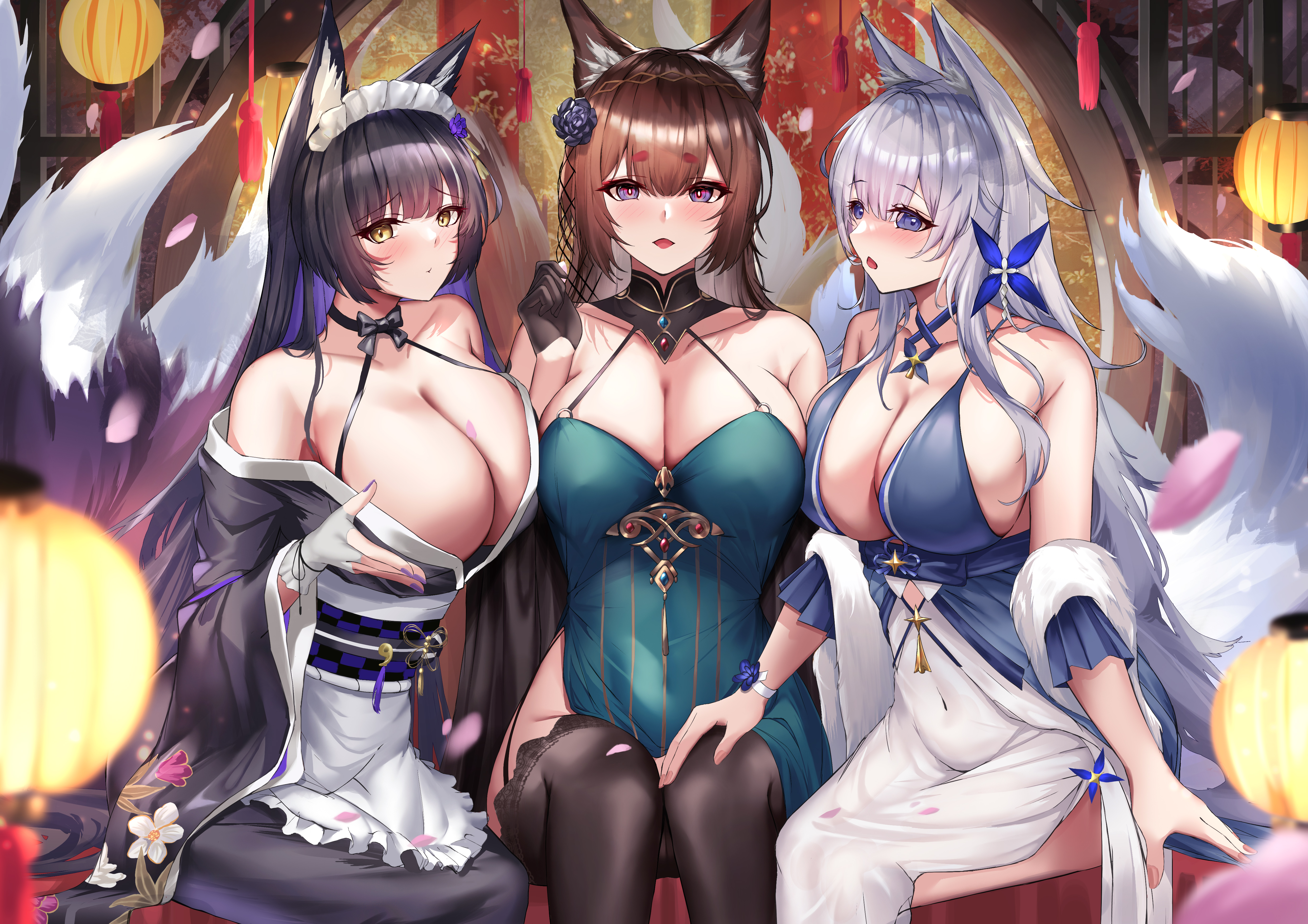 3girls absurdres amagi_(azur_lane) amagi_(cv)_(azur_lane) amagi_(cv)_(throne_of_fallen_petals)_(azur_lane) animal_ear_fluff animal_ears azur_lane bare_shoulders black_gloves black_hair black_kimono blue_dress blue_eyes breasts brown_hair cleavage covered_navel dress facial_mark flower fox_ears fox_girl fox_tail frills gloves hair_flower hair_ornament highres huge_breasts japanese_clothes kimono kirisamede_gzr kitsune large_breasts long_hair looking_at_viewer maid maid_headdress multiple_girls multiple_tails musashi_(azur_lane) musashi_(violet_moonglow)_(azur_lane) official_alternate_costume purple_eyes shinano_(azur_lane) shinano_(dreams_of_the_hazy_moon)_(azur_lane) solo tail thighs very_long_hair yellow_eyes