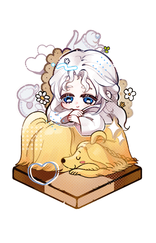 1girl afghan_hound argos_(ff14) arm_rest blue_eyes blush_stickers c: chibi chibi_only closed_eyes commentary_request cookie cup dog final_fantasy final_fantasy_xiv flower food heart korean_commentary leaning_on_animal long_hair looking_at_viewer muanew11 outline robe simple_background smile sparkle teacup teapot transparent_background u_u venat_(ff14) wavy_hair white_flower white_hair white_outline white_robe wide_sleeves