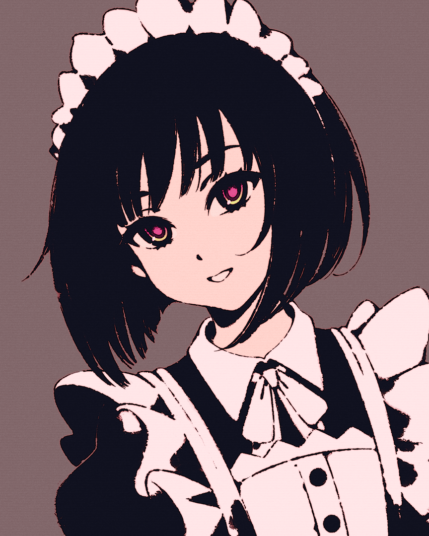 1girl alternate_costume apron black_dress black_hair blunt_bangs blunt_ends bob_cut bow bowtie bright_pupils brown_background close-up commentary dress enmaided eyelashes frilled_apron frilled_hairband frills hairband head_tilt high_contrast looking_at_viewer maid maid_apron maid_headdress moshimoshibe osanai_yuki pink_eyes portrait ringed_eyes romaji_commentary short_hair shoushimin_series solo white_apron white_bow white_bowtie white_hairband