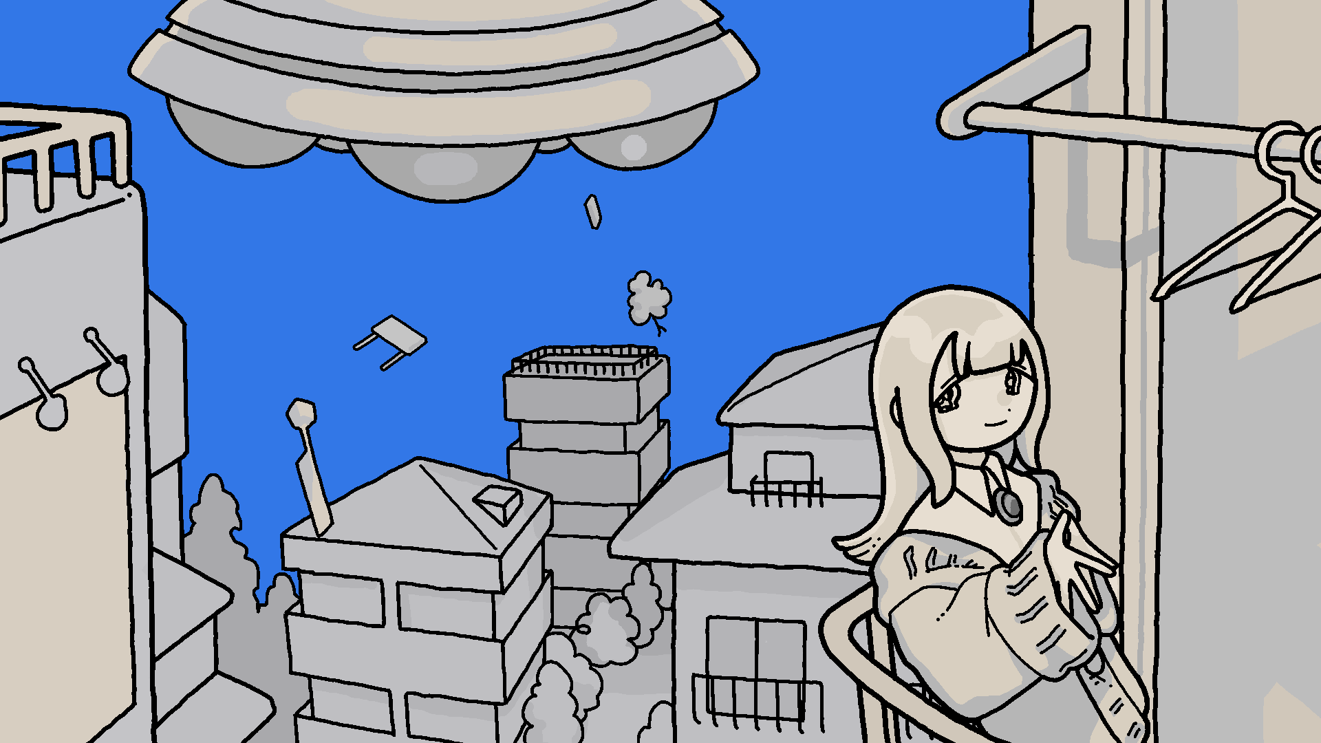 1girl balcony blue_sky brooch building cardigan character_request city closed_mouth clothes_hanger collared_shirt commentary_request copyright_request floating floating_object greyscale_with_colored_background highres isei_ni_ikou_ne_(cevio) jewelry long_hair long_sleeves looking_at_viewer off_shoulder outdoors own_hands_together shadow shirt shuujuu_misobata sky smile solo steepled_fingers tareme ufo upper_body wavy_eyes wide_shot