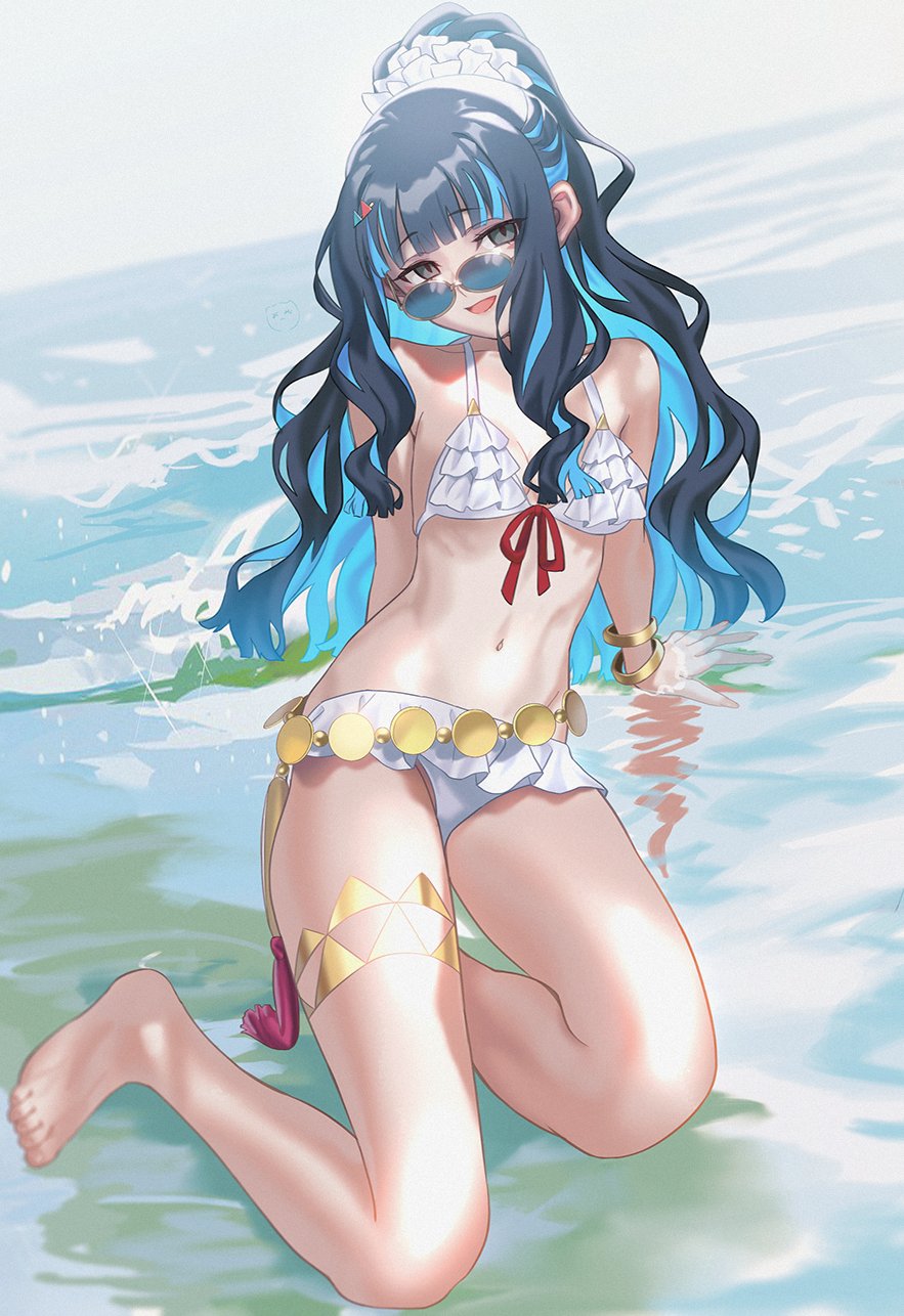 1girl aora bare_shoulders barefoot beach belly_chain black_hair blue_hair breasts colored_inner_hair eyeliner fate/grand_order fate_(series) grey_eyes high_ponytail highres jewelry long_hair looking_at_viewer makeup multicolored_hair navel open_mouth ponytail round_eyewear shore sidelocks small_breasts smile solo sunglasses tenochtitlan_(fate) tenochtitlan_(swimsuit_mooncancer)_(fate) tenochtitlan_(swimsuit_mooncancer)_(first_ascension)_(fate) thighlet