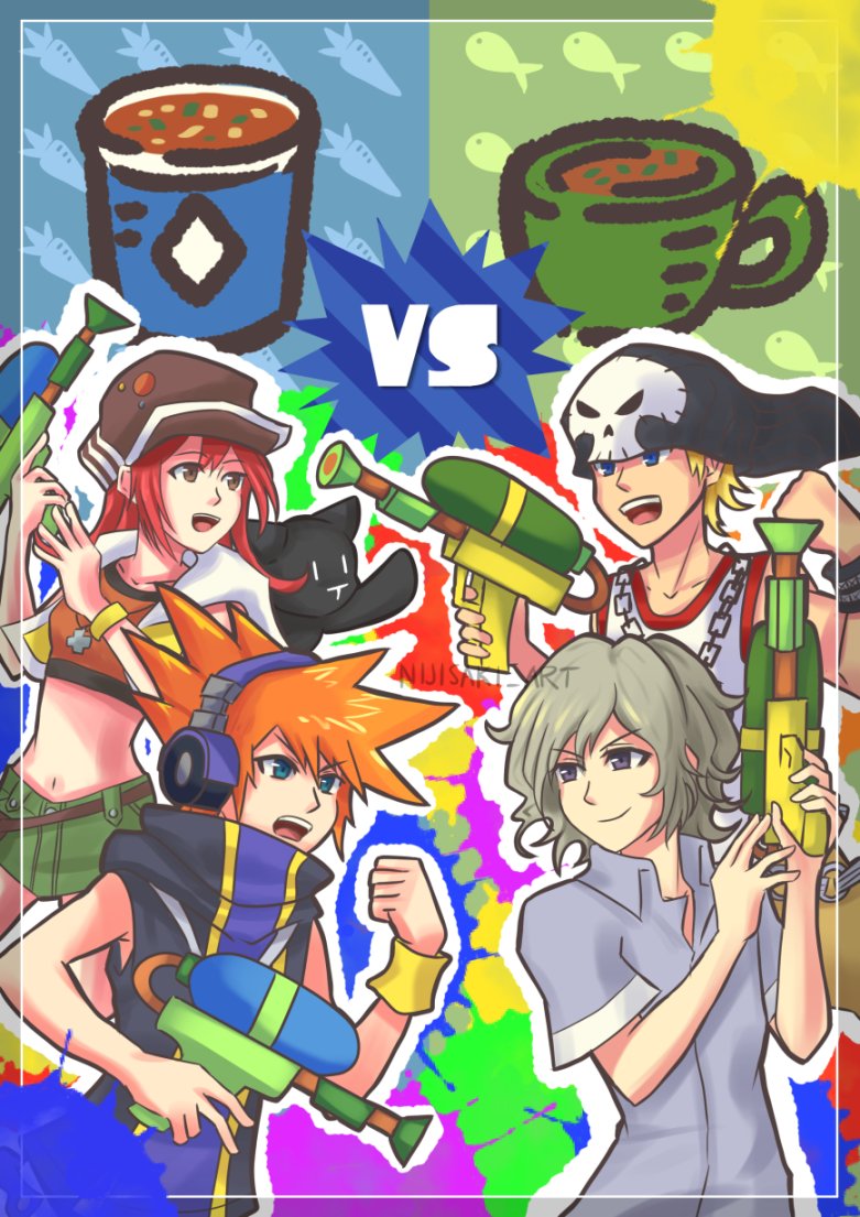 1girl 3boys beanie bito_daisukenojo blonde_hair blue_eyes bouillabaisse brown_eyes collared_shirt eyebrows fanny_pack food grey_hair hat high_collar jewelry kiryu_yoshiya midriff minestrone miniskirt misaki_shiki multiple_boys navel necklace nintendo nyantan open_collar open_mouth orange_hair paint_gun paint_splatter purple_eyes red_hair sakuraba_neku shirt short_hair short_sleeves skirt skull_print sleeveless sleeveless_shirt smile spiked_hair splatoon_(series) stuffed_animal stuffed_cat stuffed_toy subarashiki_kono_sekai water_gun wavy_hair wristband