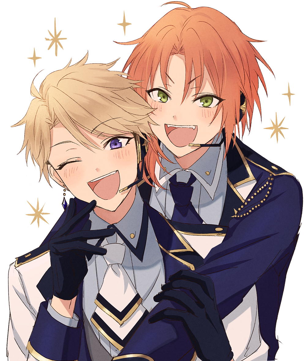 2boys :d ;d androgynous behind_another bishounen ensemble_stars! film_grain gloves hair_over_shoulder hand_on_another&#039;s_shoulder hand_up happy headset hug hug_from_behind jacket leaning_on_person male_focus mimimi_(echonolog) multiple_boys narukami_arashi one_eye_closed open_mouth portrait raised_eyebrows simple_background single_arm_hug smile star_(symbol) tsukinaga_leo v-shaped_eyebrows white_background wing_collar