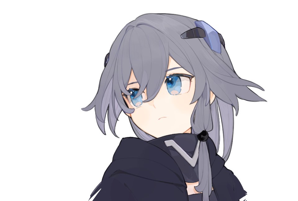 1girl black_hair black_jacket black_leotard blue_eyes closed_mouth fu_hua fu_hua_(shadow_knight) hair_between_eyes hair_ornament honkai_(series) honkai_impact_3rd jacket leotard long_hair mogomaco simple_background solo upper_body white_background