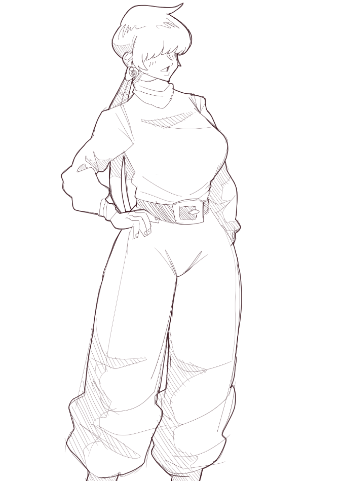 1girl 1shermieaday baggy_pants breasts female_focus hand_on_own_hip large_breasts long_hair long_sleeves pants ponytail shermie_(kof) standing sweater the_king_of_fighters thighs turtleneck twintails