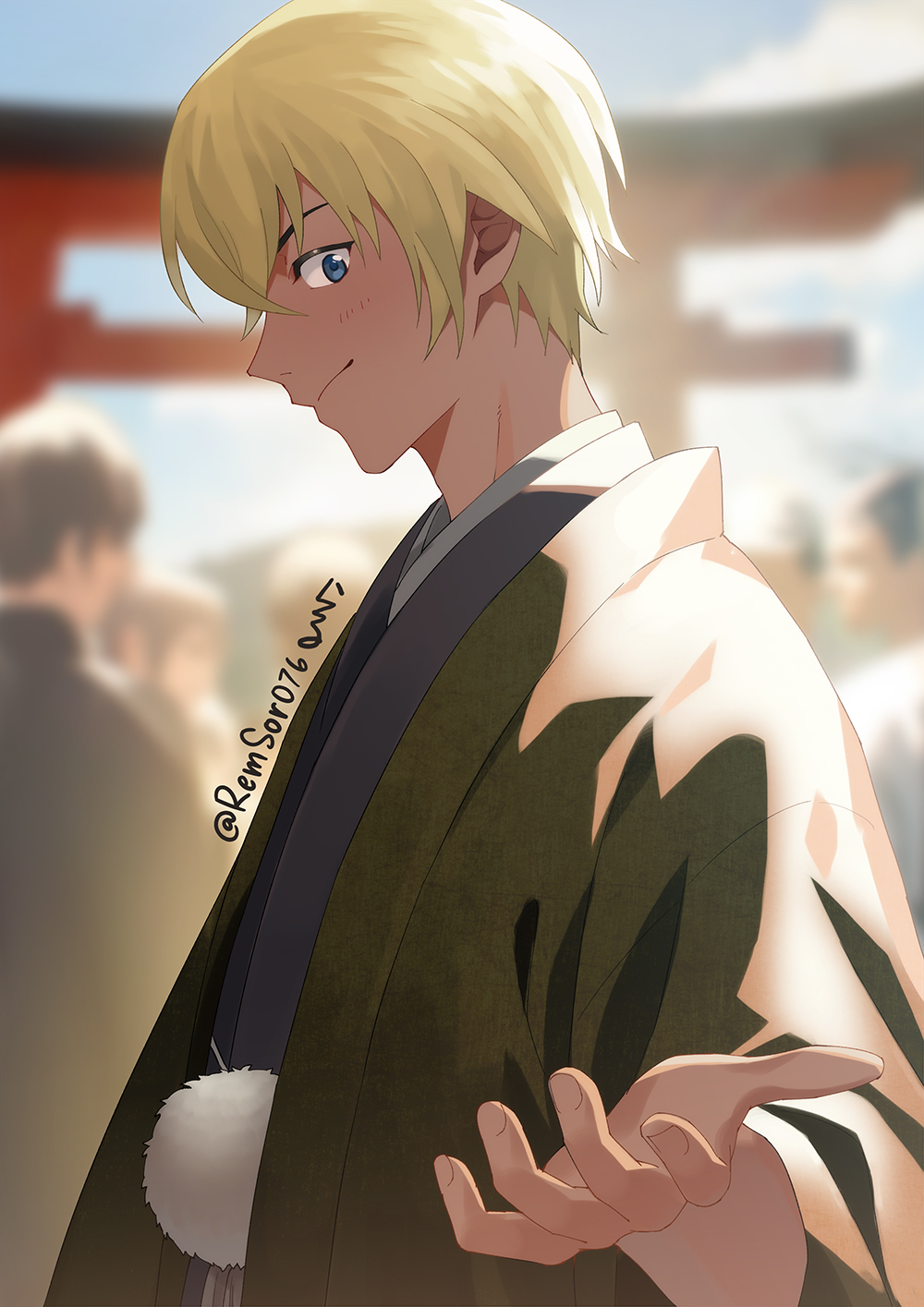 1boy amuro_tooru blonde_hair blue_eyes blue_kimono blurry blurry_background closed_mouth crowd dark-skinned_male dark_skin from_side green_haori haori haori_himo highres japanese_clothes kimono looking_at_viewer male_focus meitantei_conan outstretched_hand remsor076 solo torii twitter_username