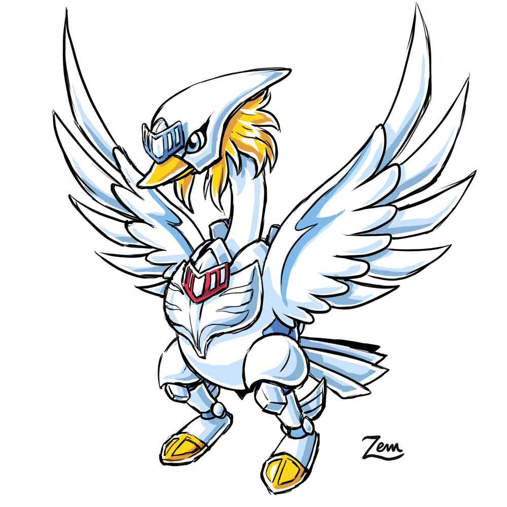 armor artist_request bird crossover digimon digimon_(creature) expressionless full_armor full_body fusion helmet no_humans saint_seiya simple_background swan swanmon tail wings