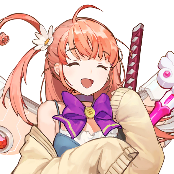 1girl breasts cardigan choker closed_eyes dress eyebrows_hidden_by_hair female_focus flower game_cg hair_flower hair_ornament hair_tied hair_tuft holding holding_staff holding_weapon katana last_origin long_hair long_sleeves magical_girl magical_momo mechanical_wings momo_(last_origin) off_shoulder official_art one_side_up open_mouth orange_hair ribbon rorobomb sleeves_past_fingers sleeves_past_wrists small_breasts smile staff sword transparent_background upper_body weapon wings
