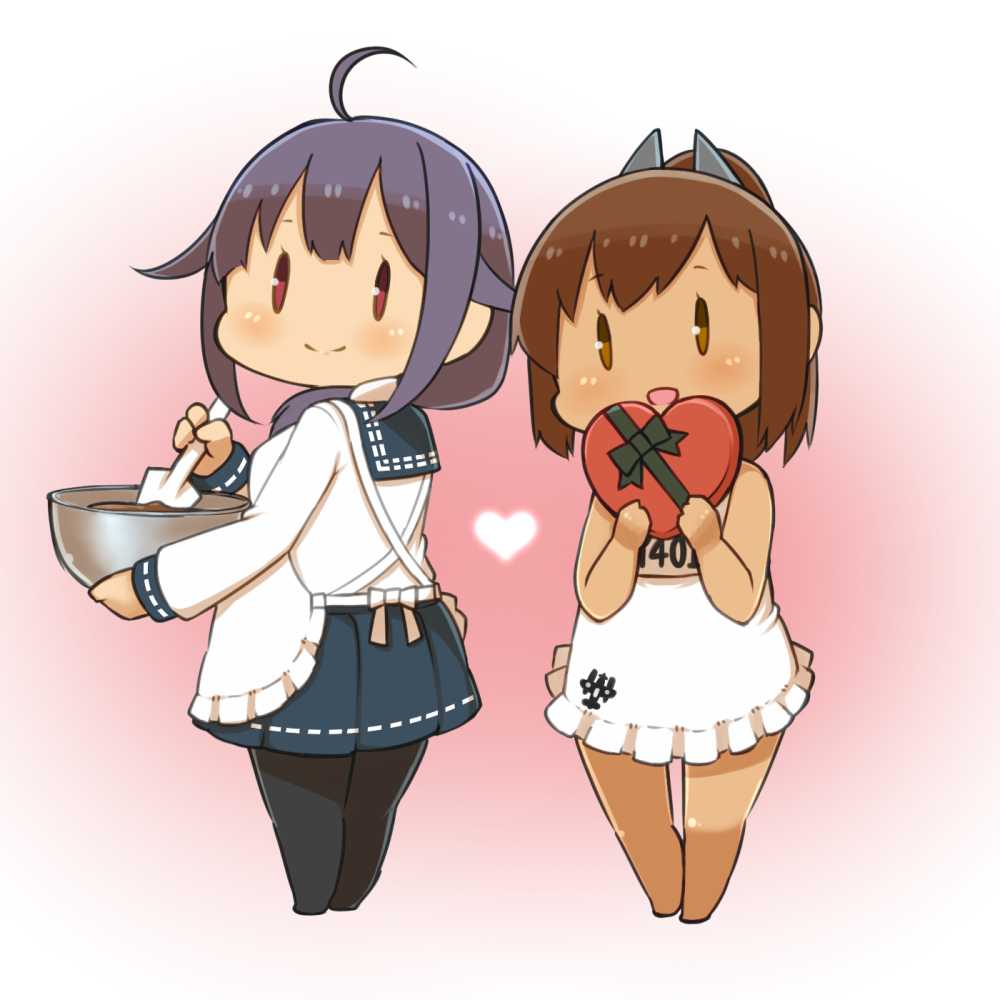 10s 2girls apron brown_hair capriccyo chibi i-401_(kancolle) kantai_collection mixing_bowl multiple_girls ponytail purple_hair school_uniform serafuku smile taigei_(kancolle) tan tanline