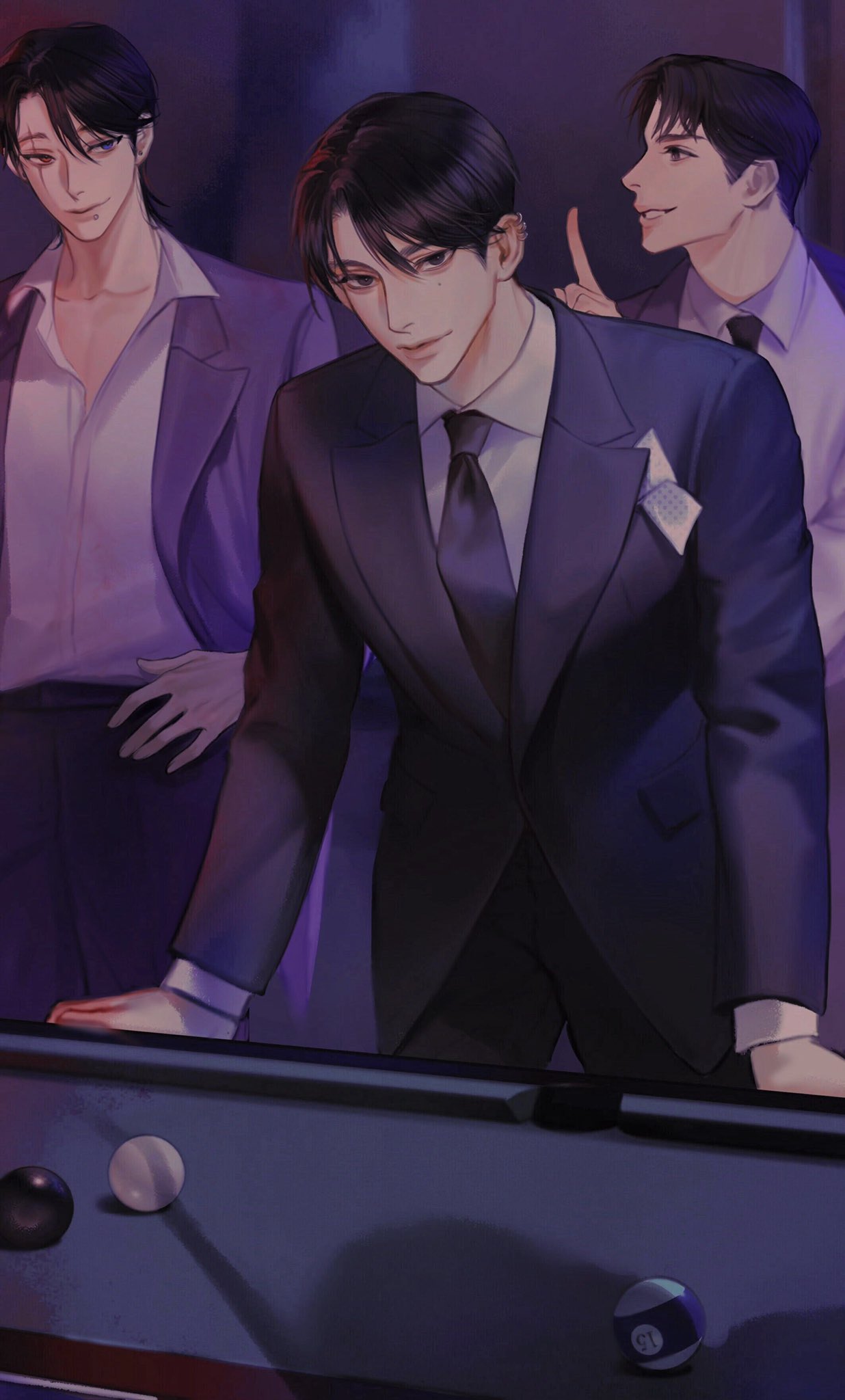 1other 3boys ball belt billiard_ball billiards black_belt black_eyes black_hair black_necktie black_pantyhose blue_eyes closed_mouth collar cowboy_shot ear_piercing earrings grey_jacket grey_necktie grey_pants hair_between_eyes hand_on_own_hip hands_on_table heterochromia highres index_finger_raised indoors jacket jewelry looking_at_another looking_at_viewer looking_to_the_side male_focus mole mole_under_eye mouth_piercing multiple_boys necktie original pants pantyhose parted_lips piercing pool_table red_eyes scar scar_across_eye scar_across_eyebrow scar_on_face shadow shirt short_hair silhouette smile table teeth thick_lips toscana20460423 white_shirt