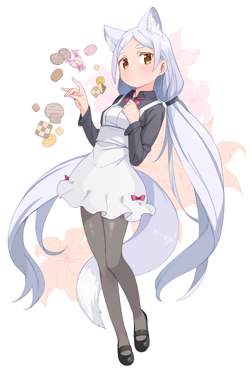 1girl animal_ear_fluff animal_ears black_pantyhose black_shirt black_shoes brown_hair candy closed_mouth cookie dot_mouth food fox_ears fox_girl fox_shadow_puppet fox_tail full_body highres long_hair long_sleeves looking_at_viewer low_twintails original pantyhose saiste shirt shoes simple_background solo tail thick_eyebrows twintails very_long_hair white_background white_hair wing_collar