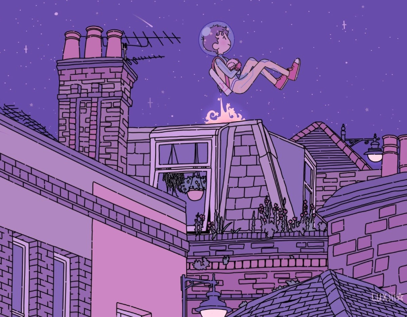 animal bird black_eyes brick_wall brown_hair building chimney cityscape closed_mouth commentary commission english_commentary flat_color floating full_body hanging_plant helmet holding holding_animal jetpack jumpsuit lamppost luxjii monochrome night night_sky original outdoors plant potted_plant profile purple_theme rooftop scenery shooting_star short_hair sky skyline sleeping_animal smile space_helmet star_(sky) star_(symbol) starry_sky two-tone_jumpsuit window