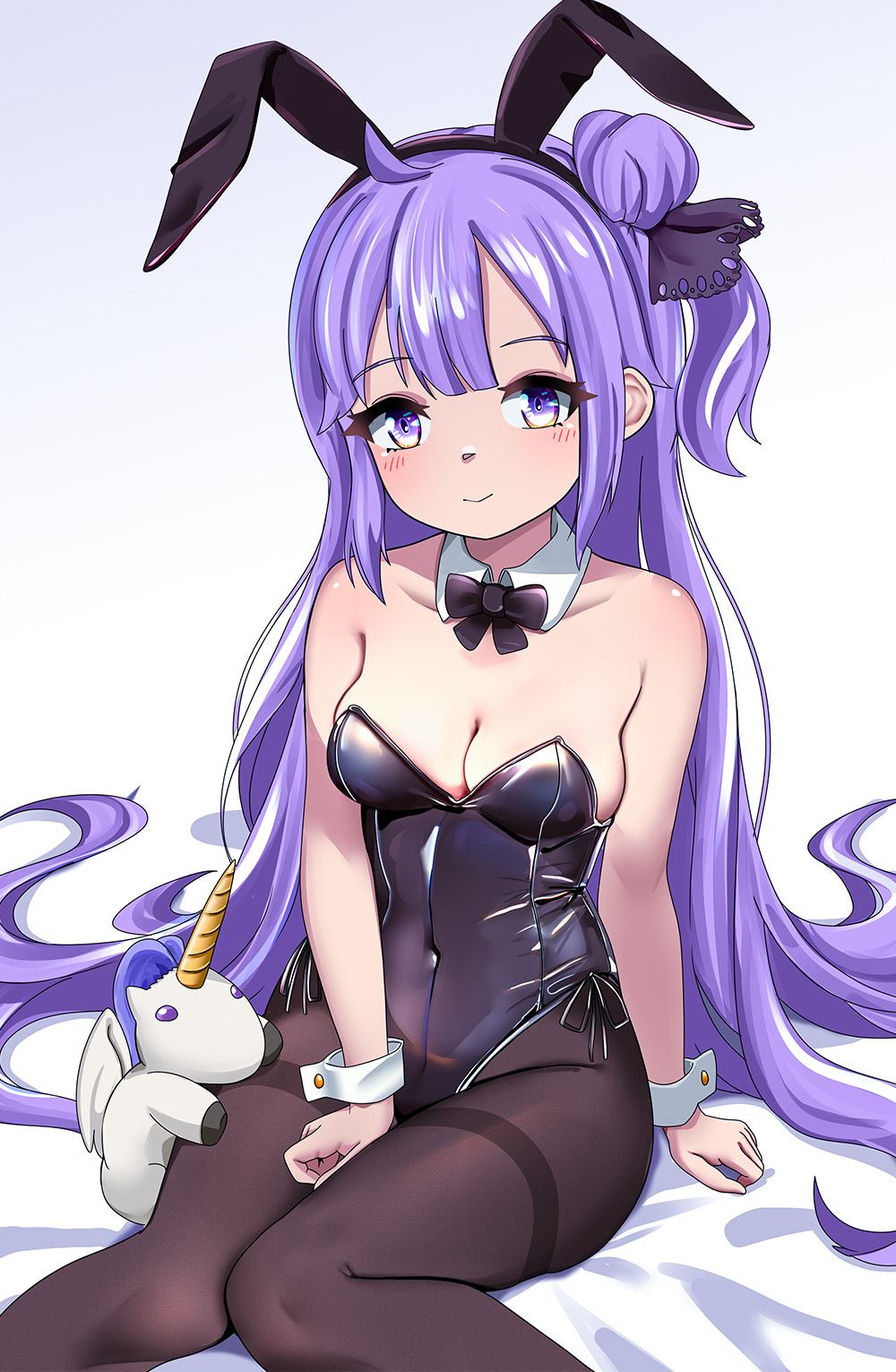 1girl animal_ear_hairband animal_ears azur_lane black_bow black_bowtie black_leotard black_pantyhose bow bowtie breasts dedorudy detached_collar fake_animal_ears gradient_background hair_bun hairband highres leotard long_hair looking_at_viewer medium_breasts pantyhose playboy_bunny purple_eyes purple_hair rabbit_ears side-tie_leotard single_hair_bun solo strapless strapless_leotard stuffed_unicorn stuffed_winged_unicorn thighband_pantyhose unicorn_(azur_lane) wrist_cuffs