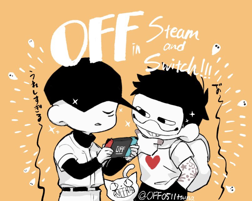 &lt;|&gt;_&lt;|&gt; 2boys arm_tattoo backpack bag baseball_cap baseball_jersey baseball_uniform belt belt_buckle buckle cat commentary_request copyright_name english_text fangs ghost grin hand_in_pocket hand_on_own_chin handheld_game_console hat heart holding holding_handheld_game_console jersey layered_sleeves long_sleeves looking_up male_focus mask multiple_boys nintendo nintendo_switch off0511tsuna off_(game) orange_background pants playing_games print_shirt shirt shirt_tucked_in short_hair short_over_long_sleeves short_sleeves simple_background smile sparkle spectre_(off) sportswear standing t-shirt tattoo tattoo_sleeve teeth the_batter_(off) the_judge_(off) turtleneck twitter_username zacharie_(off)