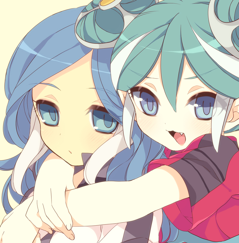 2girls bad_id bad_pixiv_id blue_eyes blue_hair blush fang green_hair inazuma_eleven inazuma_eleven_(series) maquia moriyama_shijimi multicolored_hair multiple_girls urubida white_hair