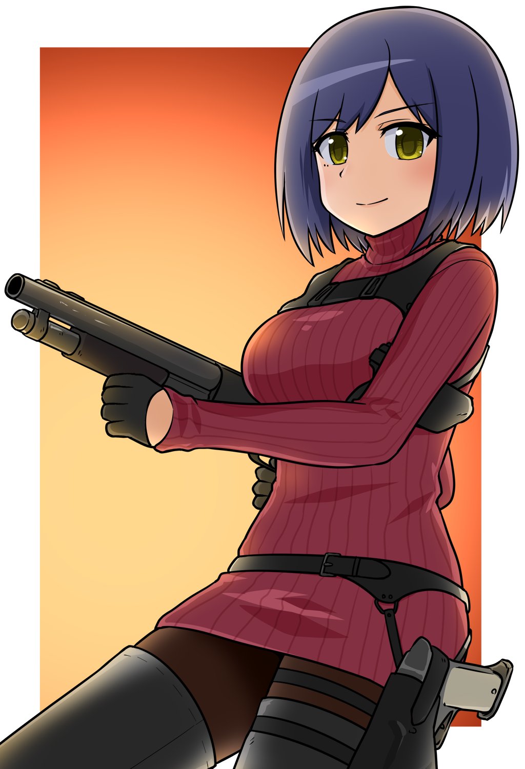 1girl ada_wong ada_wong_(cosplay) black_boots black_gloves black_pantyhose blue_hair boots cosplay gloves goriate gun highres holding holding_gun holding_weapon nijisanji pantyhose red_sweater resident_evil resident_evil_4 resident_evil_4_(remake) ribbed_sweater shizuka_rin short_hair smile solo sweater swept_bangs thigh_boots virtual_youtuber weapon yellow_eyes