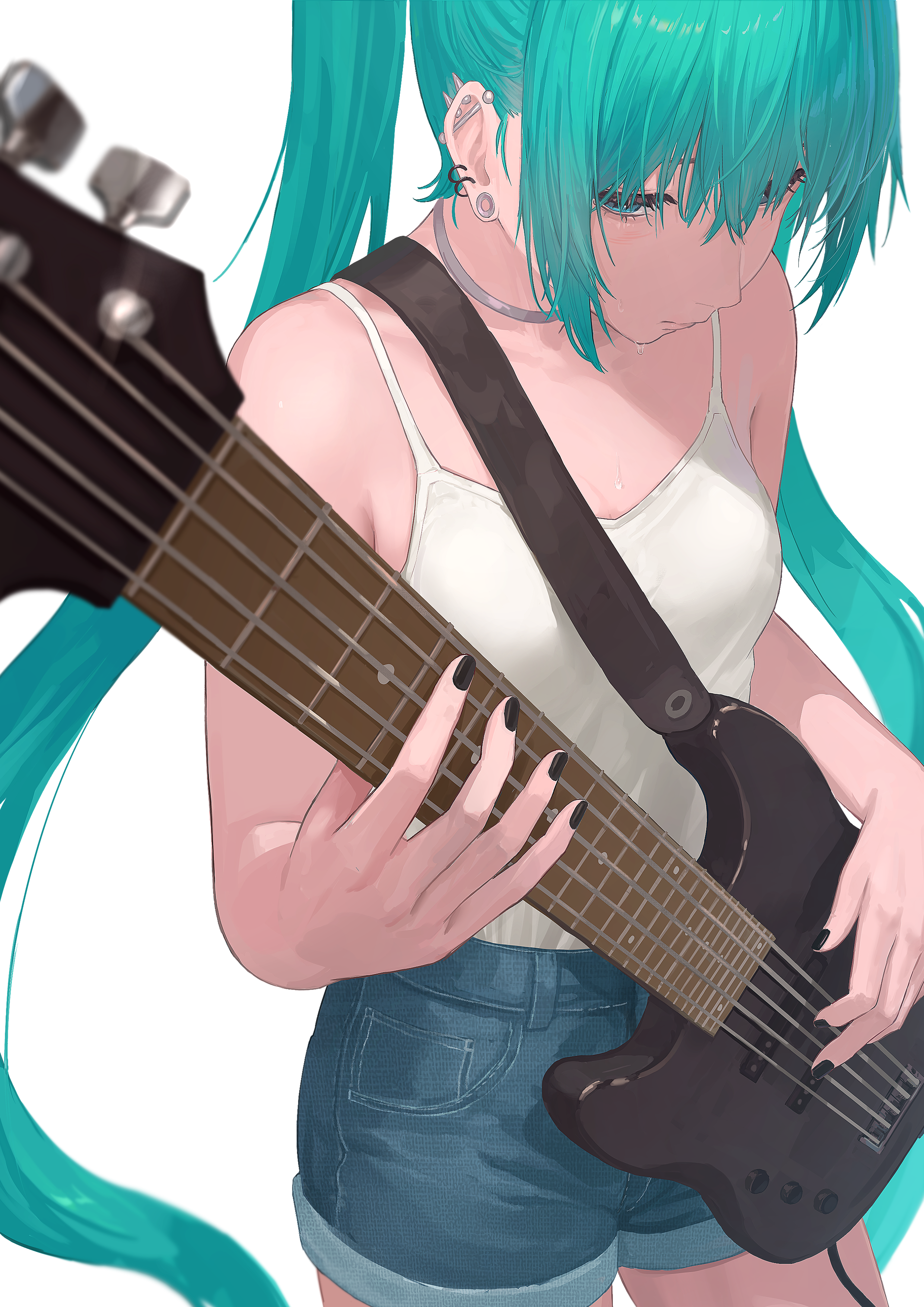 1girl absurdres aqua_eyes aqua_hair barbell_piercing bass_guitar black_nails blue_shorts breasts camisole commentary ear_piercing earrings bass_guitar hair_between_eyes hatsune_miku highres holding holding_bass_guitar holding_instrument industrial_piercing instrument jewelry long_hair medium_breasts music nail_polish piercing playing_bass_guitar playing_instrument shorts simple_background solo sweat tadanotarosuke vocaloid white_background white_camisole