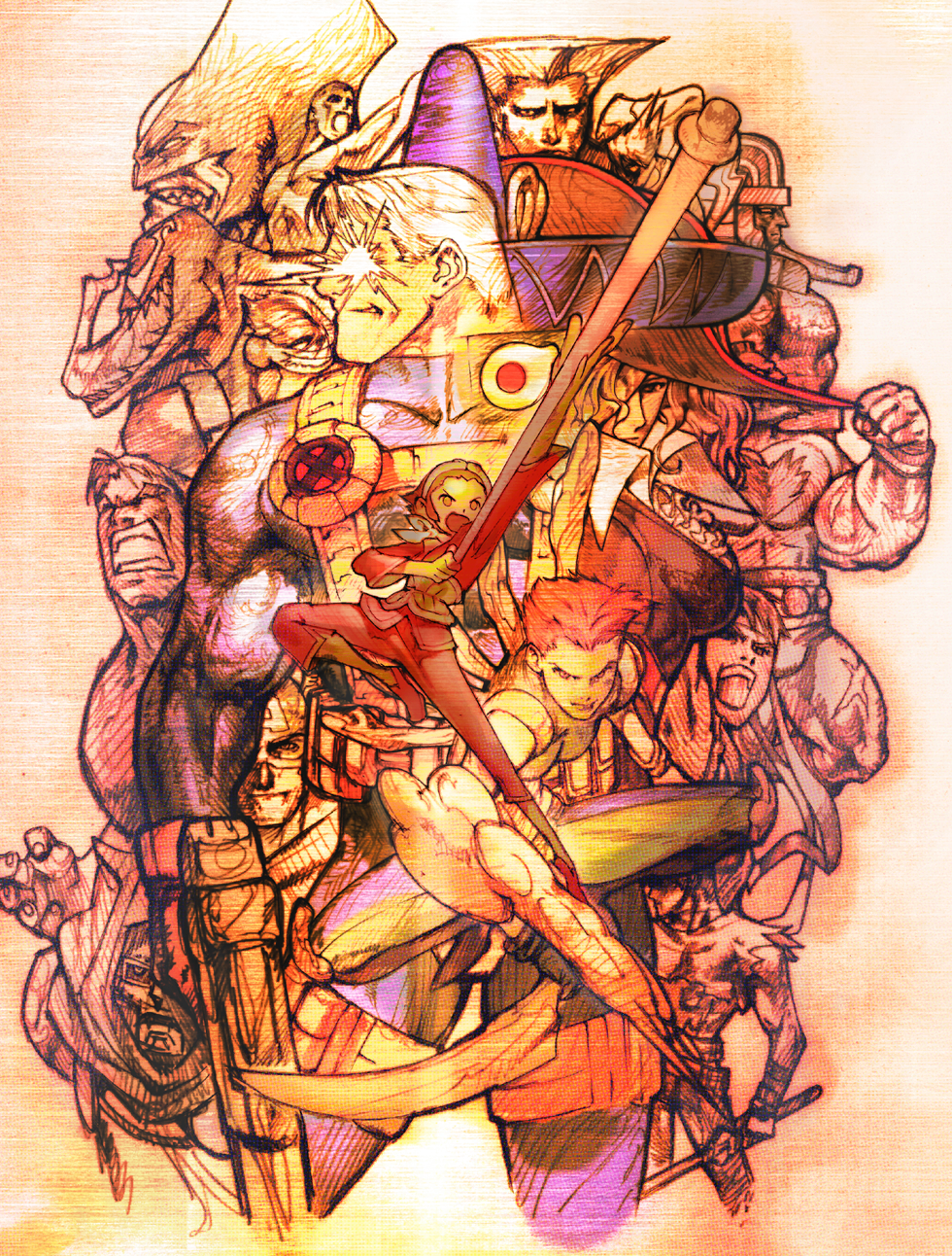 1990s_(style) 2000 amingo anakaris armor bengus bodysuit cable_(marvel) capcom cape captain_america cover cyclops_(x-men) doctor_doom flattop game_cg glowing glowing_eye green_hood grey_hair guile gun highres holding holding_gun holding_weapon hood hooded_cape marrow_(x-men) marvel marvel_vs._capcom marvel_vs._capcom_2 mohawk monkey_tail monster multiple_boys muscular muscular_male non-web_source official_art partially_colored power_armor retro_artstyle roaring ruby_heart ryu_(street_fighter) scan short_hair sonson staff street_fighter superhero_costume tail venom_(marvel) video_game_cover weapon wolverine_(x-men) zangief