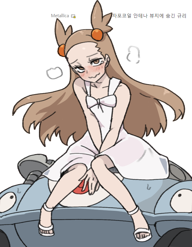 1girl bare_arms between_legs blush brown_eyes brown_hair closed_mouth collarbone commentary dress eyelashes gen_4_pokemon gigobyte350 hair_bobbles hair_ornament hand_between_legs jasmine_(pokemon) long_hair looking_at_viewer magnezone nintendo pokemon pokemon_(creature) pokemon_gsc sandals sitting sleeveless sleeveless_dress smile sweat toes two_side_up white_background white_dress white_footwear