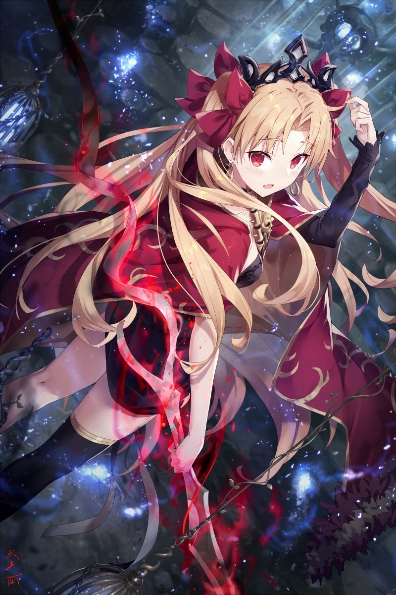1girl blonde_hair blue_fire blush bow breasts cage cloak dress earrings ereshkigal_(fate) fate/grand_order fate_(series) fire gabiran hair_bow hair_ribbon highres hitodama hoop_earrings infinity_symbol jewelry long_hair looking_at_viewer meslamtaea_(fate) open_mouth parted_bangs red_cloak red_eyes red_ribbon ribbon single_sleeve single_thighhigh skull skull_ornament solo thighhighs tiara two-sided_cloak two-sided_fabric two_side_up underworld yellow_cloak