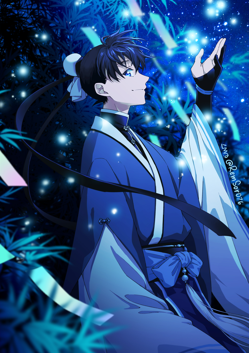 1boy black_hair blue_eyes blue_hanfu bun_cover chinese_clothes closed_mouth cosplay from_side hair_bun hanfu highres hikoboshi hikoboshi_(cosplay) kudou_shin&#039;ichi looking_at_viewer male_focus meitantei_conan night plant remsor076 single_hair_bun sky solo star_(sky) starry_sky tanabata tanzaku twitter_username upper_body