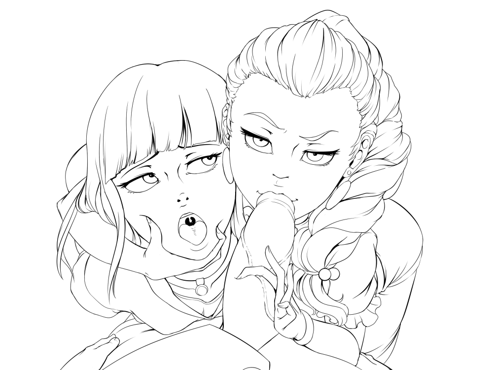 10s 1boy 2girls braid chiyuki_(death_parade) death_parade earrings fellatio jewelry kyder long_hair monochrome multiple_girls nona_(death_parade) oral penis pov single_braid uncensored
