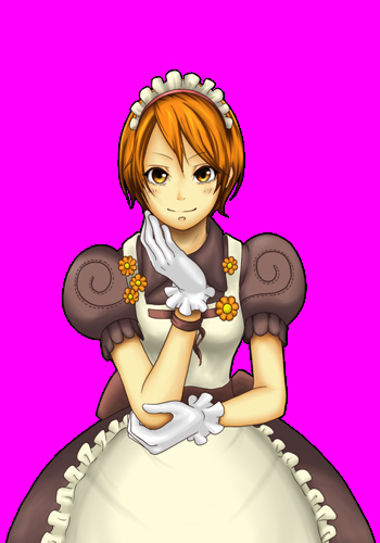 1girl apron breasts brown_dress collared_dress commentary_request cowboy_shot dress frilled_apron frills gloves hand_on_own_chin inaba515 kafra_uniform looking_at_viewer lowres maid maid_headdress orange_eyes orange_hair pink_background puffy_short_sleeves puffy_sleeves ragnarok_online roxie_(ragnarok_online) short_sleeves simple_background small_breasts solo white_apron white_gloves